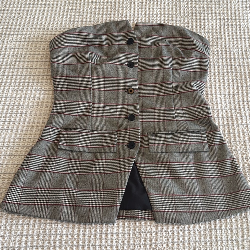 Strapless plaid button-up top, from Vici